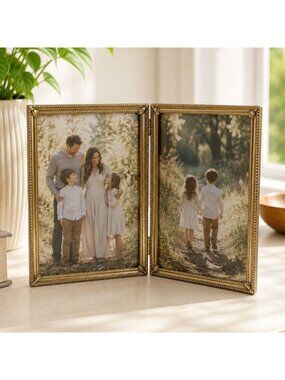 Gold-Tone Hinged Double Picture Frame With Ornate Edges 8x10 Inches Vintage Styl